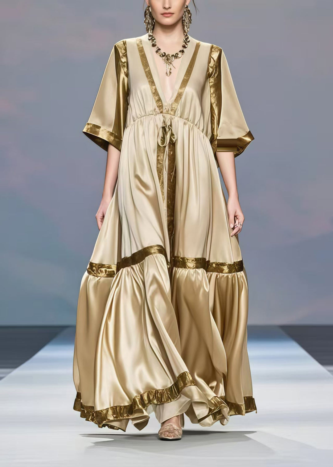 Bohemian Khaki V Neck Patchwork Exra Large Hem Silk Long Dress Half Sleeve