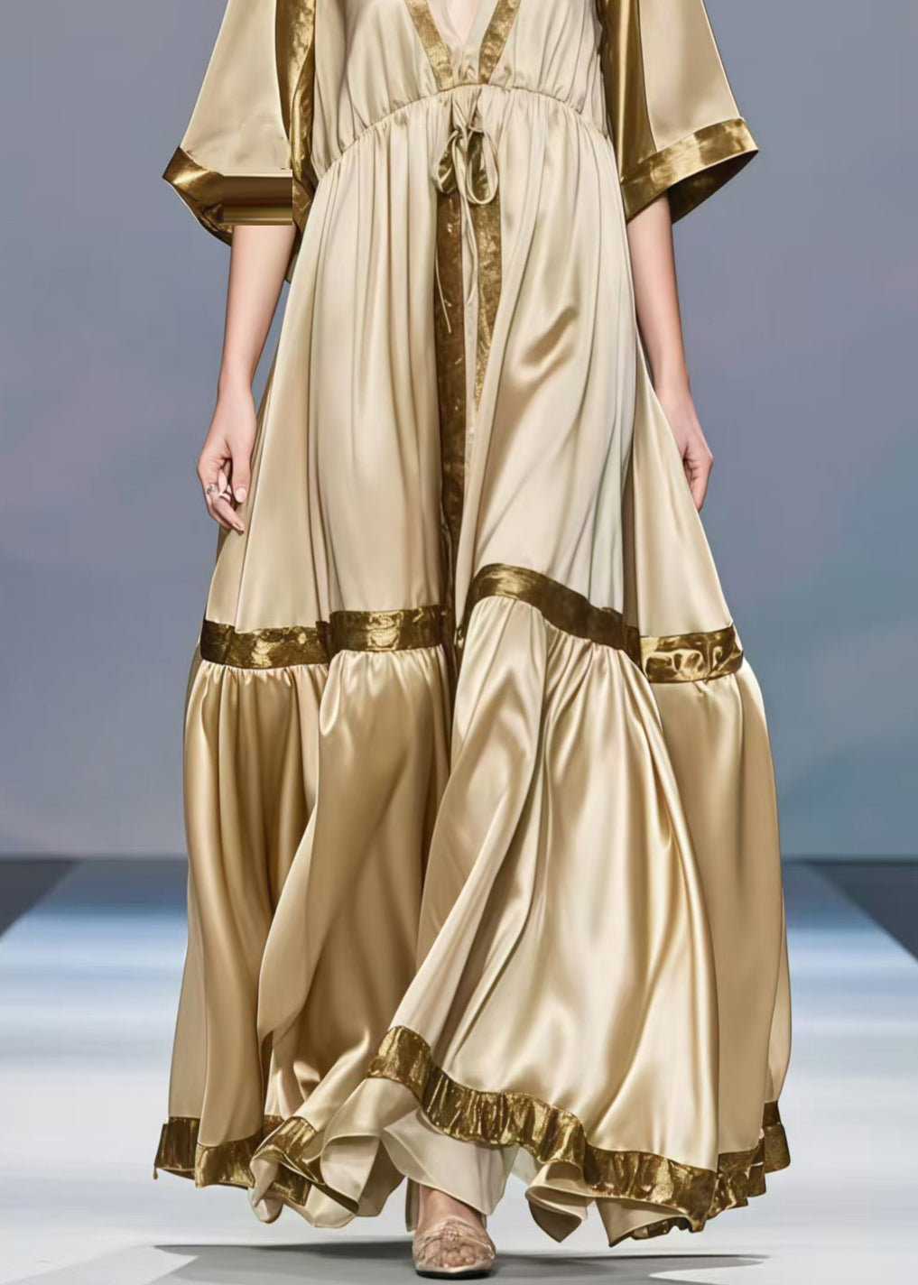Bohemian Khaki V Neck Patchwork Exra Large Hem Silk Long Dress Half Sleeve