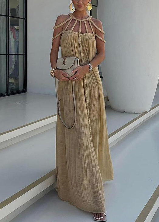 Bohemian Khaki Wrinkled Cable Hollow Out Cotton Long Dress Sleeveless