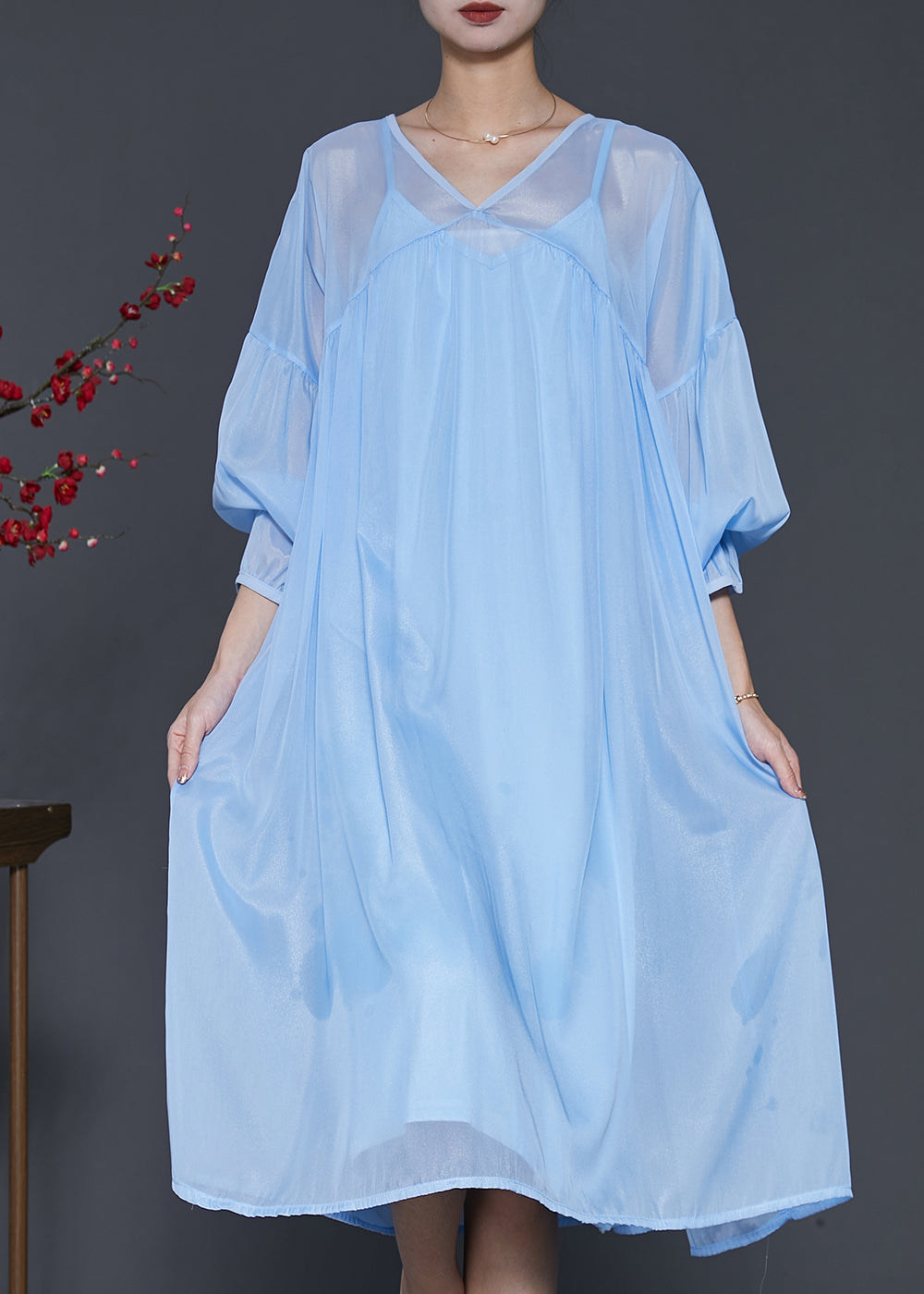 Bohemian Lake Blue Draping Chiffon Dress Two Piece Set Lantern Sleeve