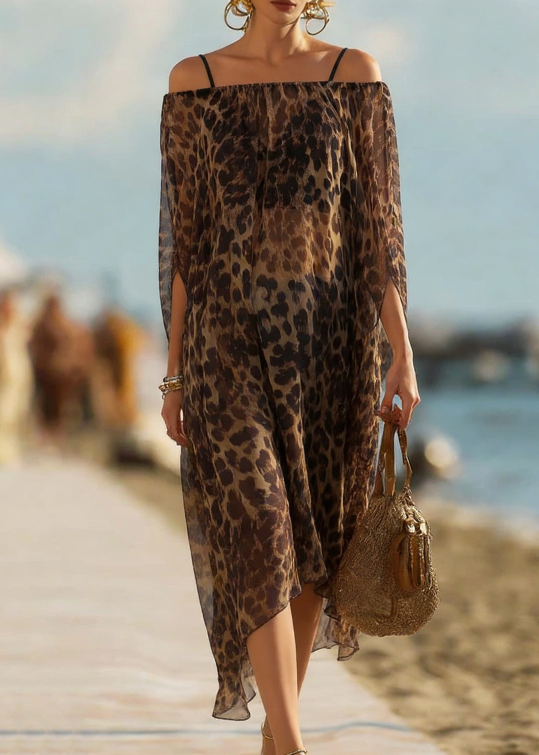 Bohemian Leopard Slash Neck Silk Dresses Batwing Sleeve