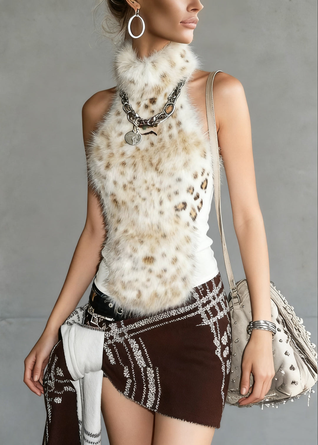 Bohemian Leopard Turtleneck Fluffy Patchwork Tank Sleeveless