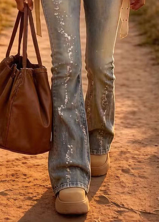 Bohemian Light Blue Cross Patchwork Denim Bell-bottom Trousers Spring