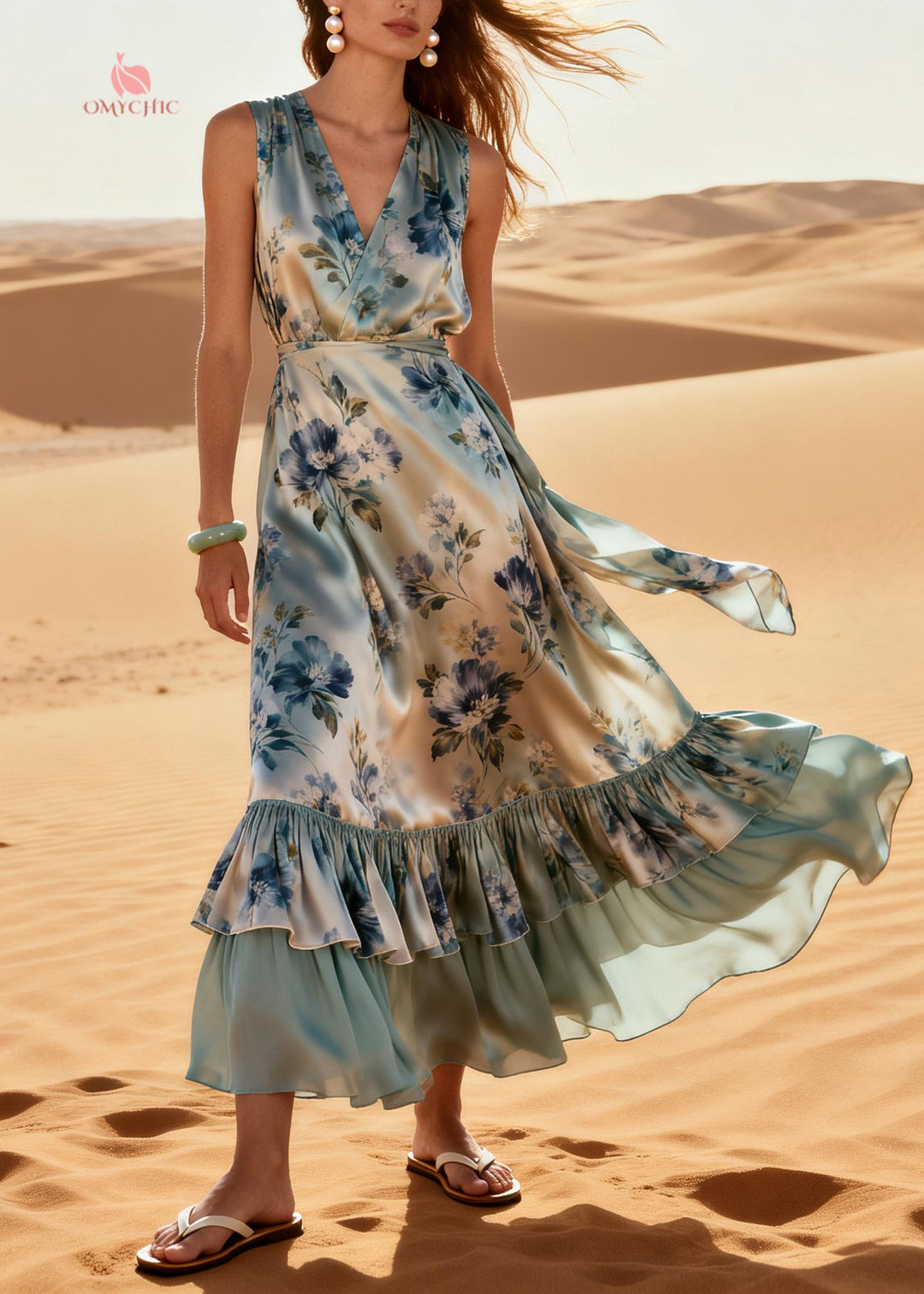 Bohemian Light Blue Ruffled Patchwork Print Silk Maxi Dresses Summer