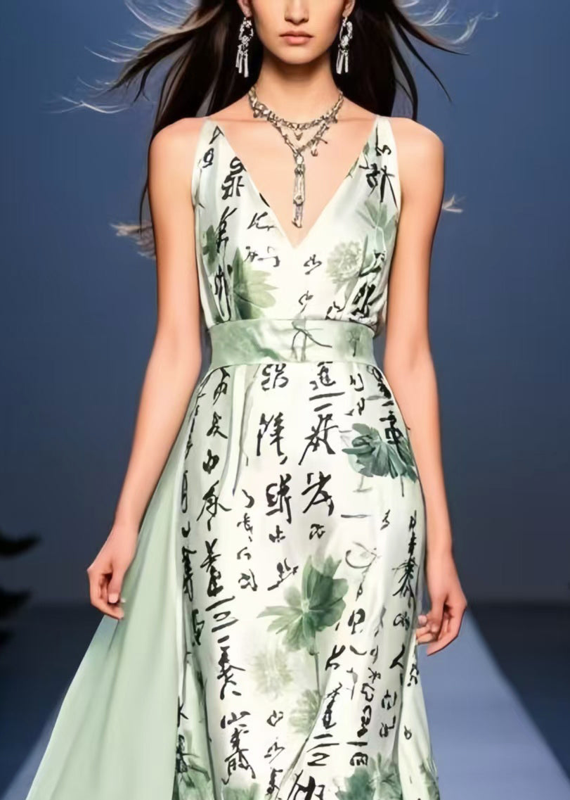 Bohemian Light Green Print Exra Large Hem Silk Cami Dresses Sleeveless