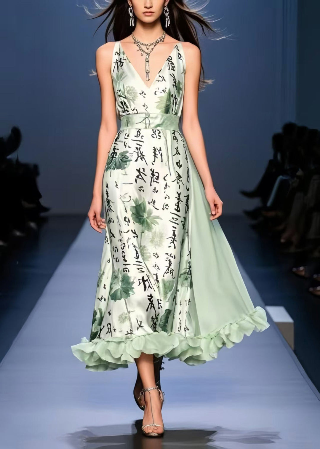 Bohemian Light Green Print Exra Large Hem Silk Cami Dresses Sleeveless