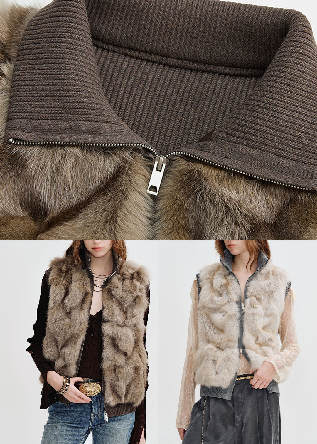Bohemian Light Grey Zippered Patchwork Mink Hair Waistcoat Sleeveless