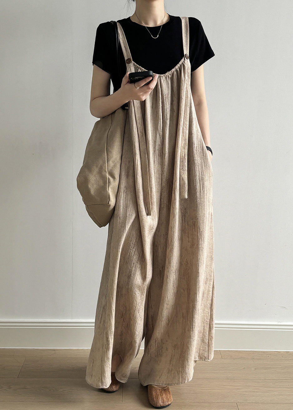 Bohemian Light Khaki Pockets Solid Jumpsuits Summer