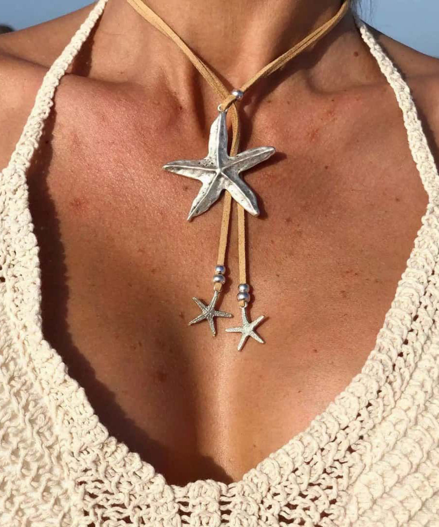 Bohemian Light Yellow Alloy Leather Starfish Pendant Necklace - Omychic