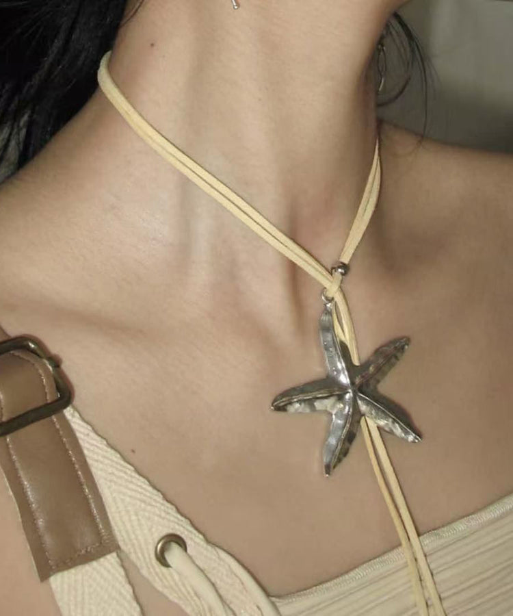 Bohemian Light Yellow Alloy Leather Starfish Pendant Necklace - Omychic