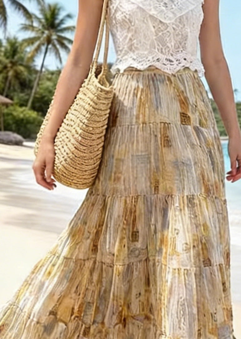 Bohemian Light Yellow Wrinkled Print Patchwork Chiffon Skirts Summer