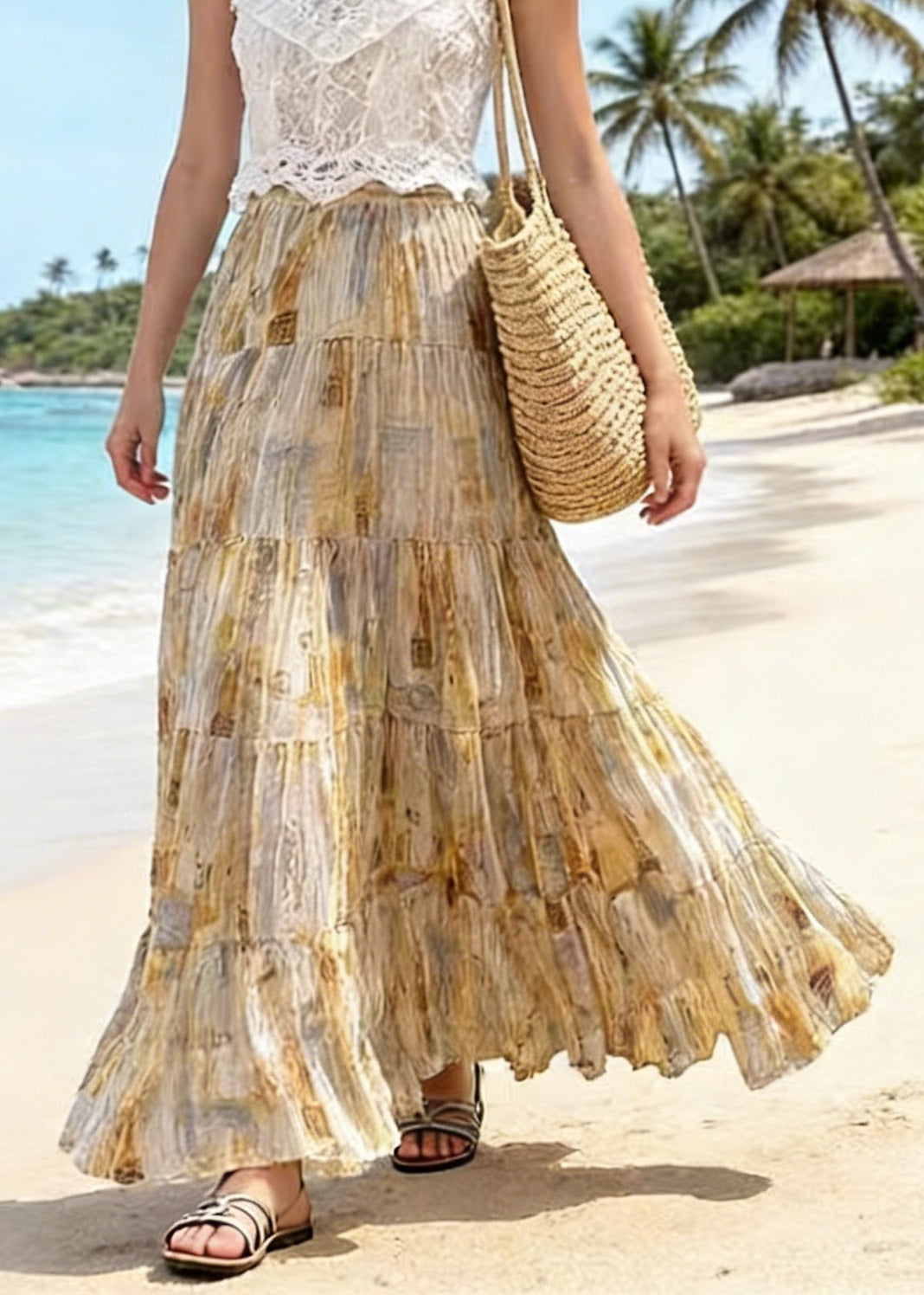Bohemian Light Yellow Wrinkled Print Patchwork Chiffon Skirts Summer