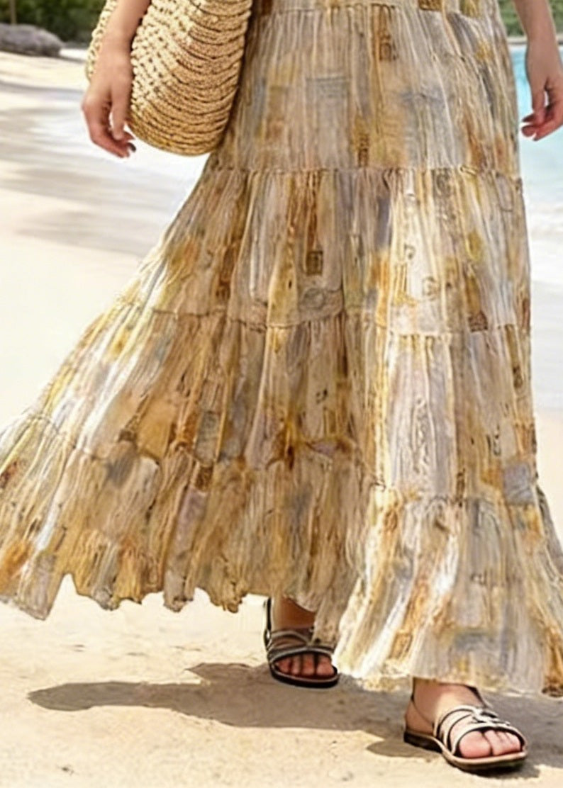 Bohemian Light Yellow Wrinkled Print Patchwork Chiffon Skirts Summer
