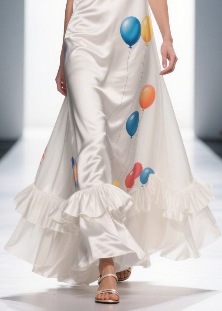 Bohemian Milk White Ruffled Print Silk Vestidos Dress Summer