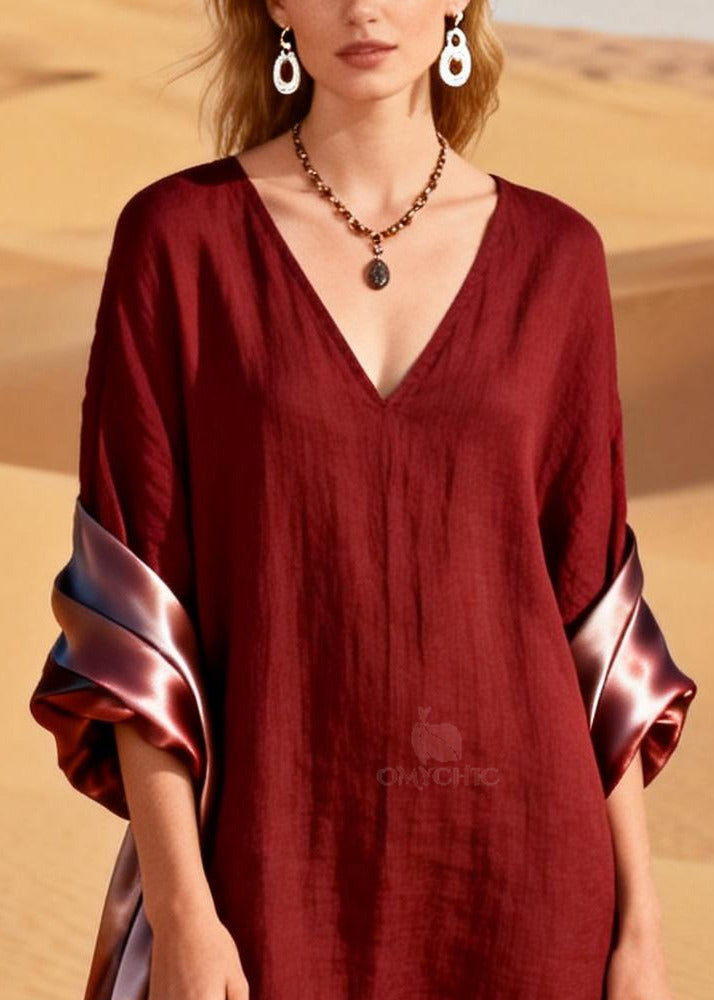 Bohemian Mulberry V Neck Patchwork Cotton Maxi Dresses Summer