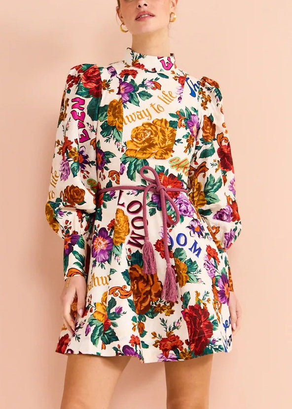 Bohemian Multi Print Tie Waist Cotton Mid Dress Long Sleeve
