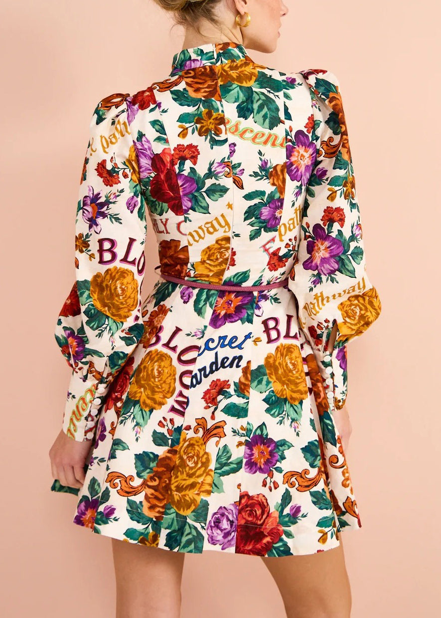 Bohemian Multi Print Tie Waist Cotton Mid Dress Long Sleeve