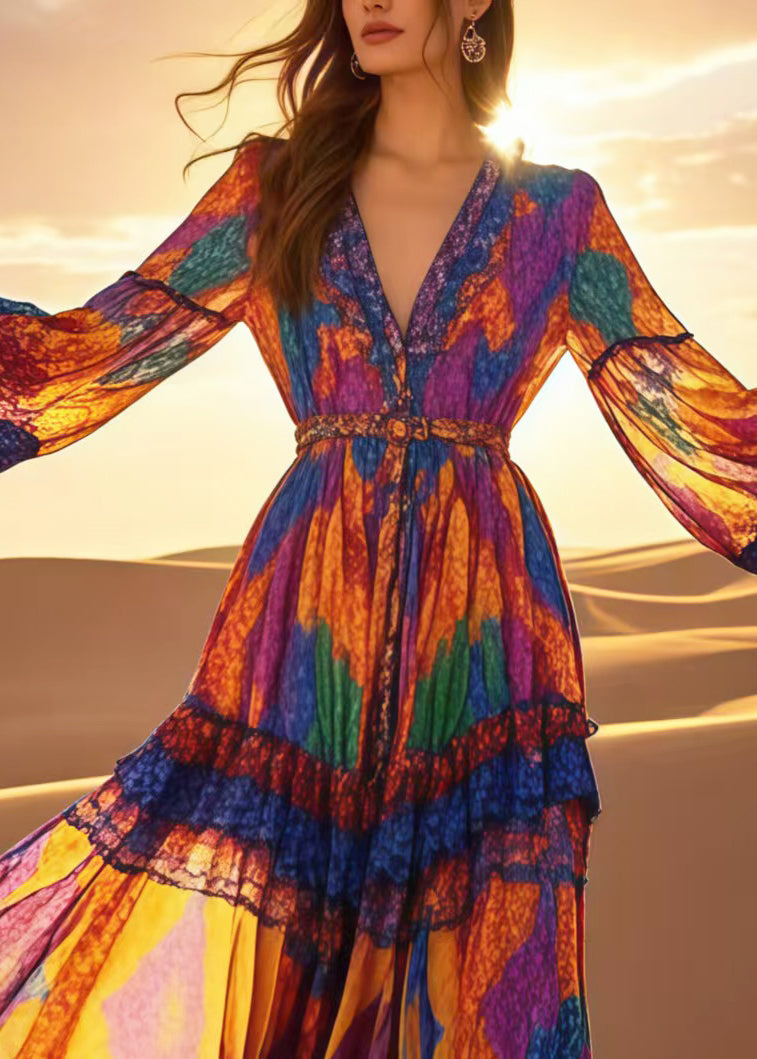 Bohemian Multicolour Print Chiffon Vacation Dress Spring