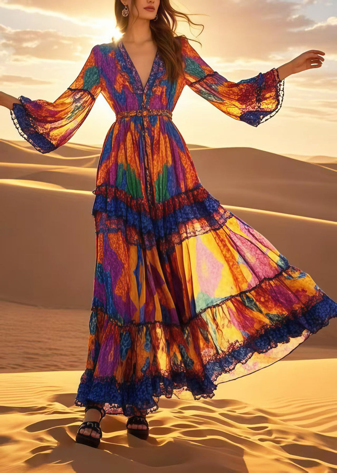 Bohemian Multicolour Print Chiffon Vacation Dress Spring