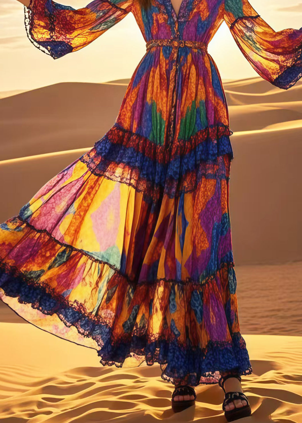 Bohemian Multicolour Print Chiffon Vacation Dress Spring