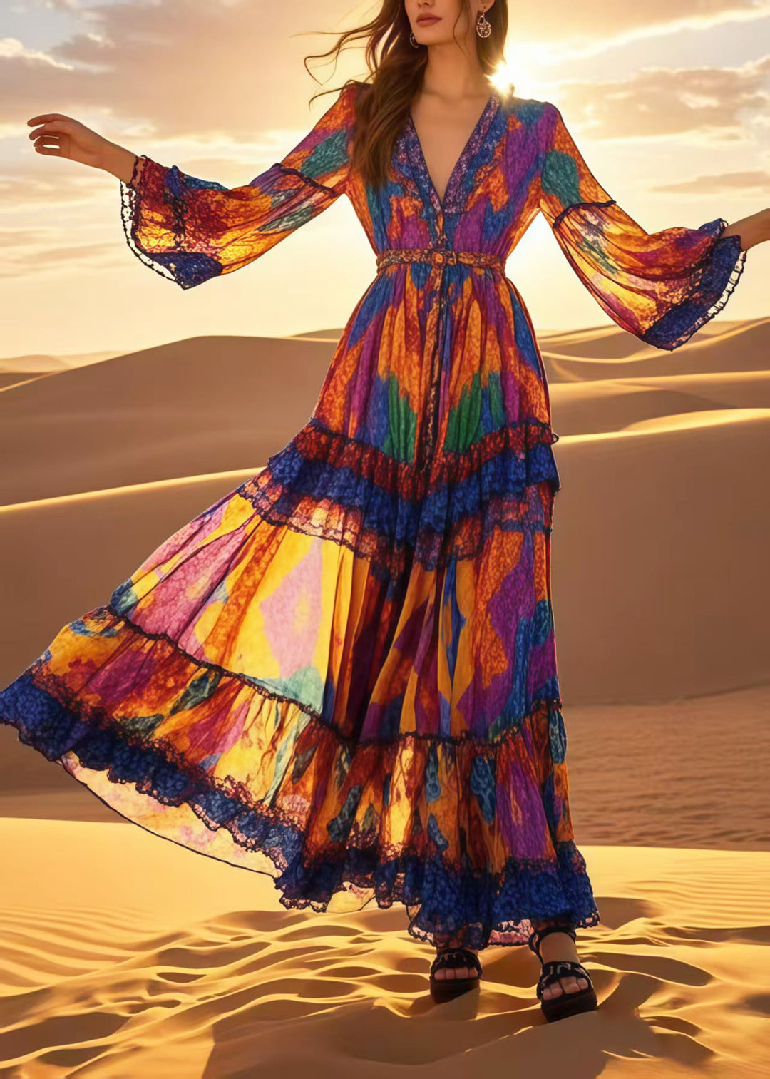 Bohemian Multicolour Print Chiffon Vacation Dress Spring