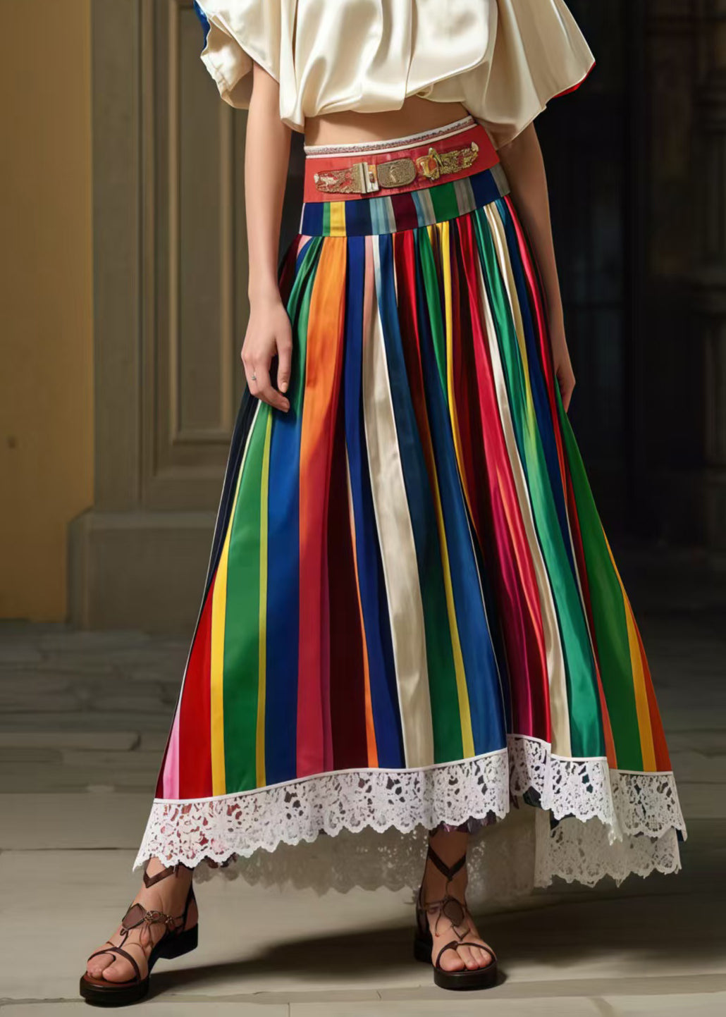 Bohemian Multicolour Striped High Waist Patchwork Lace Skirts Summer