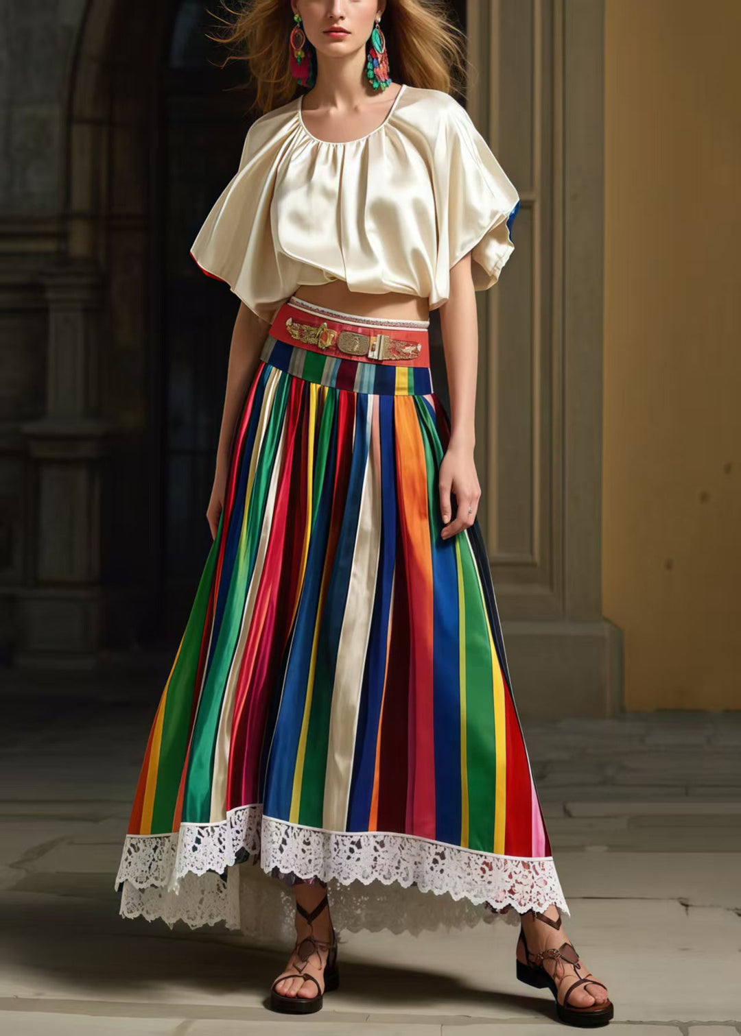 Bohemian Multicolour Striped High Waist Patchwork Lace Skirts Summer