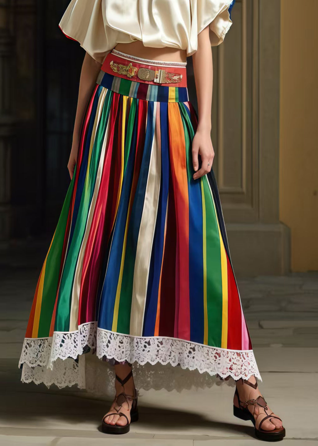 Bohemian Multicolour Striped High Waist Patchwork Lace Skirts Summer