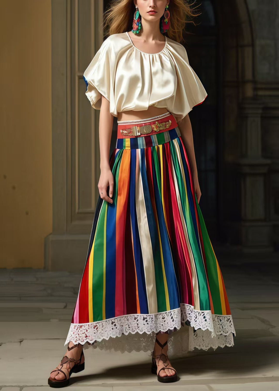 Bohemian Multicolour Striped High Waist Patchwork Lace Skirts Summer