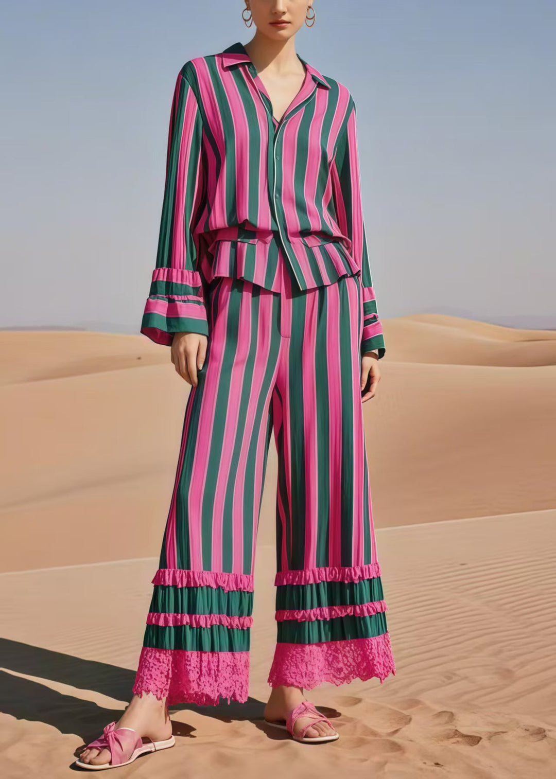 Bohemian Multicolour Striped Patchwork Lace Two Piece Suit Set Spring