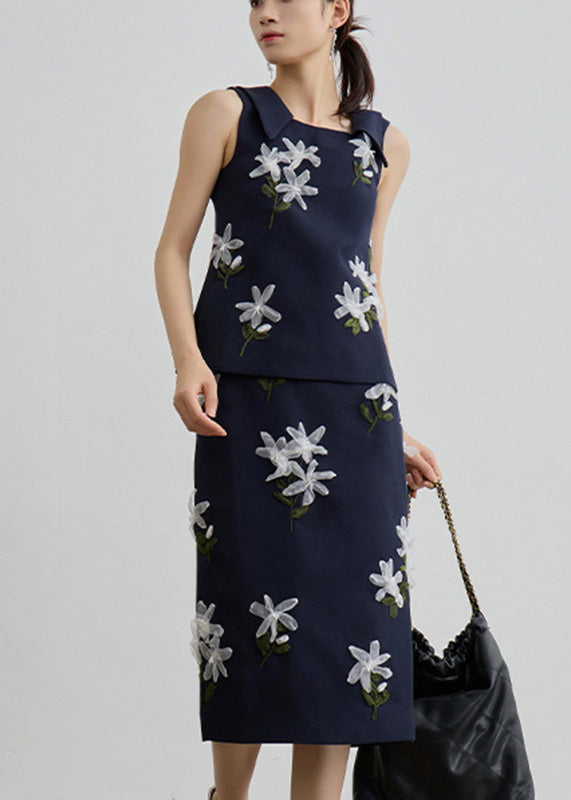 Bohemian Navy Floral Vest And Maxi Skirts Two Piece Set Sleeveless