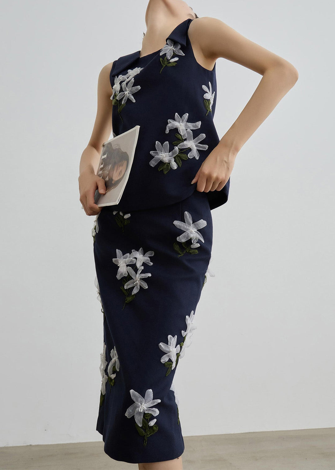 Bohemian Navy Floral Vest And Maxi Skirts Two Piece Set Sleeveless