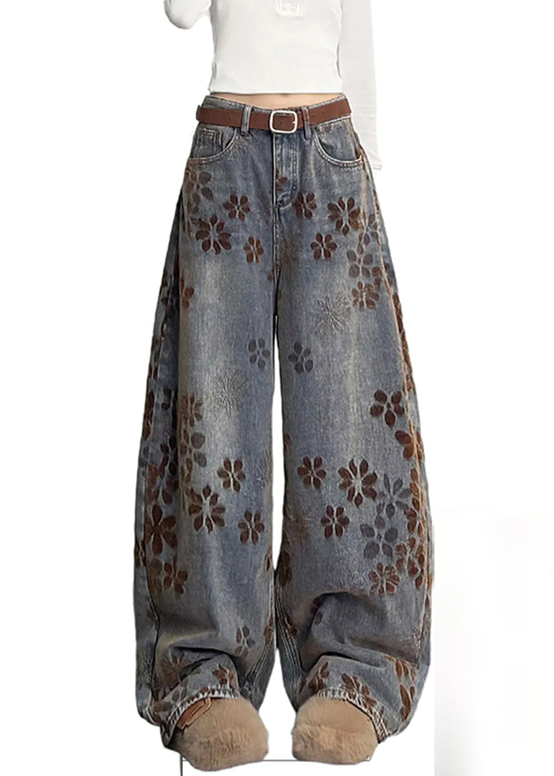 Bohemian Navy Oversized Print Denim Pants Spring