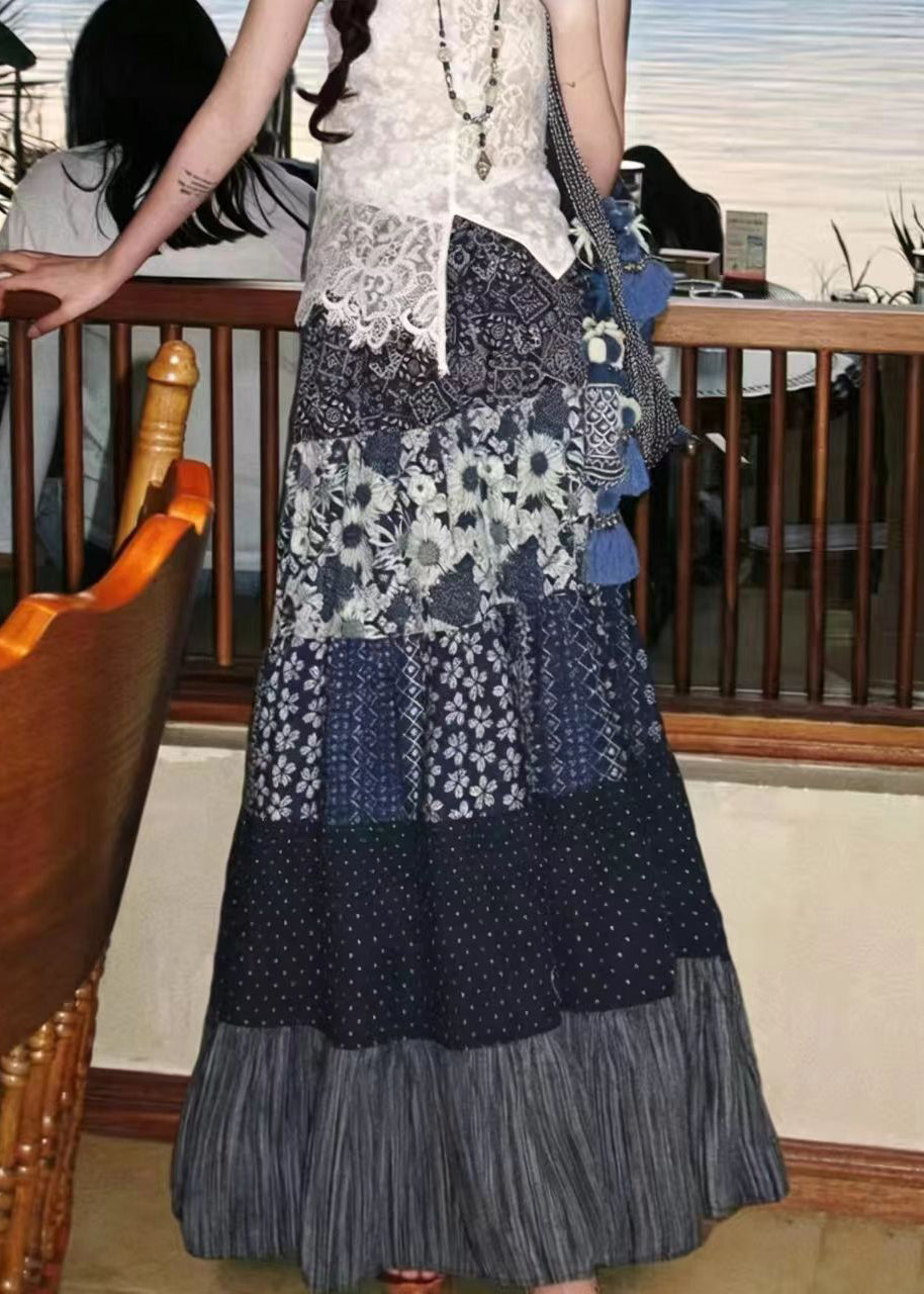 Bohemian Navy Print High?Waist Exra Large Hem Skirt Fall