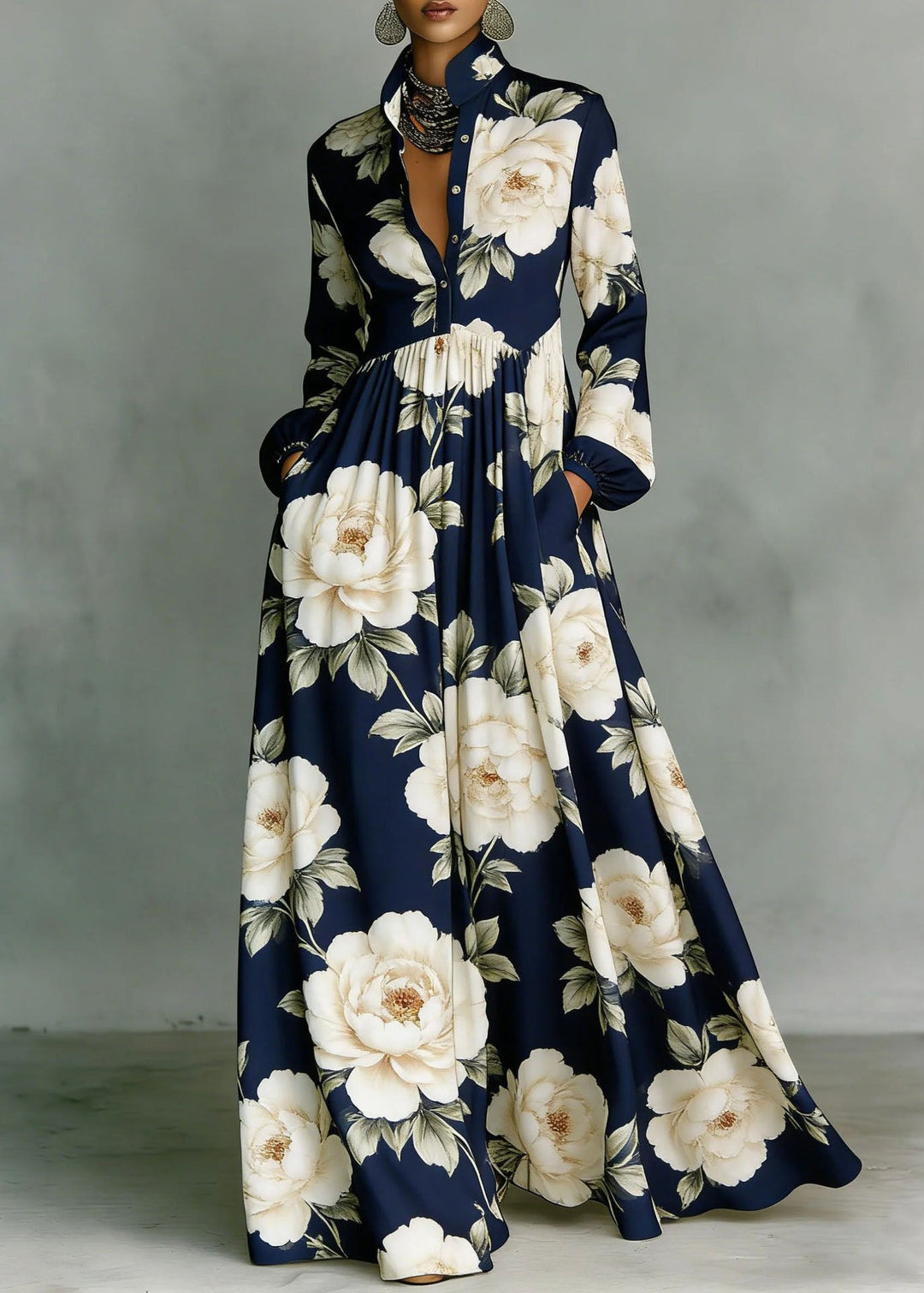 Bohemian Navy Print Pockets Cotton Long Dress Fall