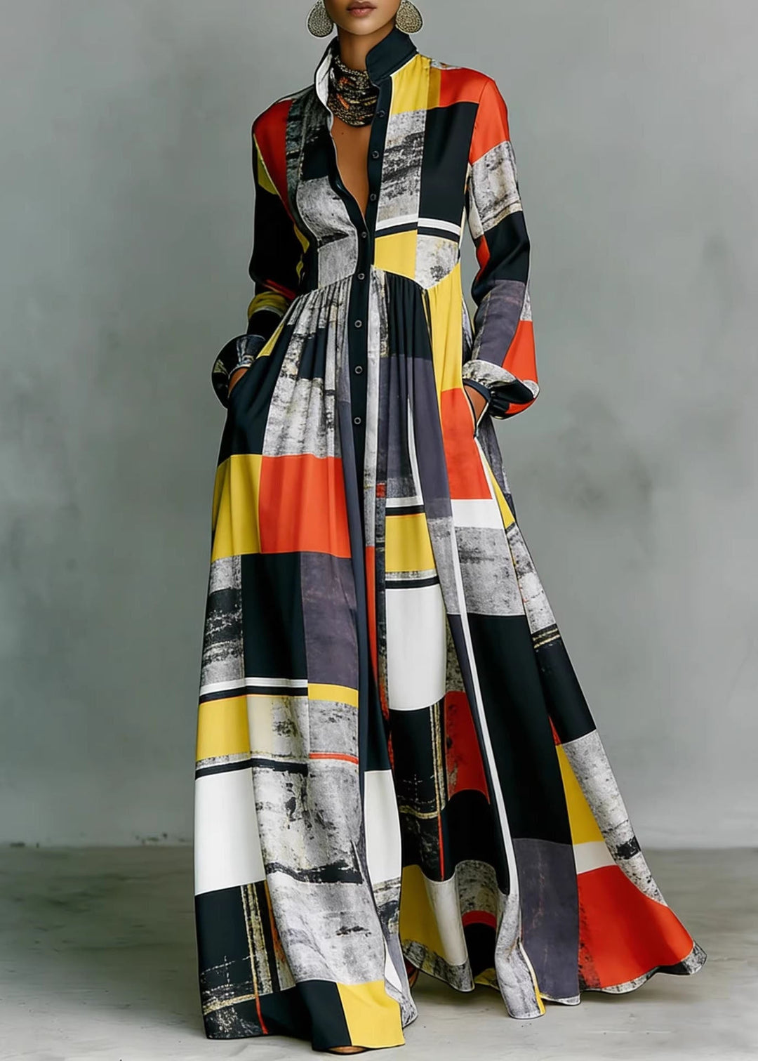 Bohemian Navy Print Pockets Cotton Long Dress Fall