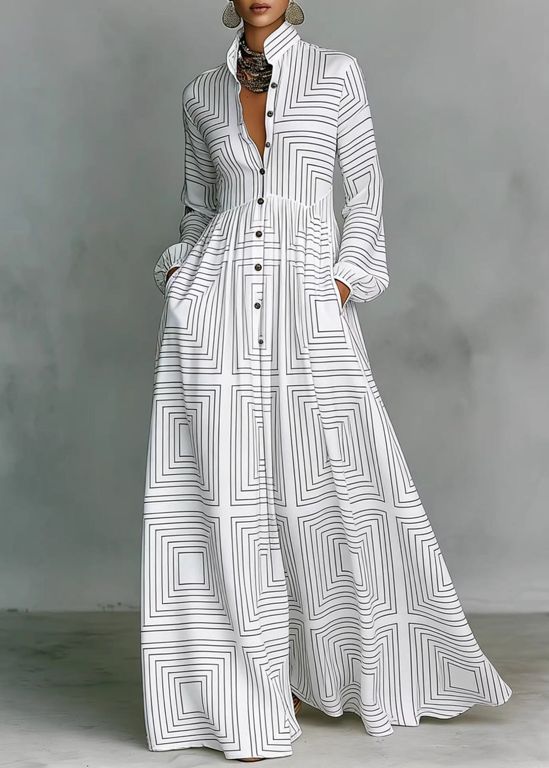 Bohemian Navy Print Pockets Cotton Long Dress Fall