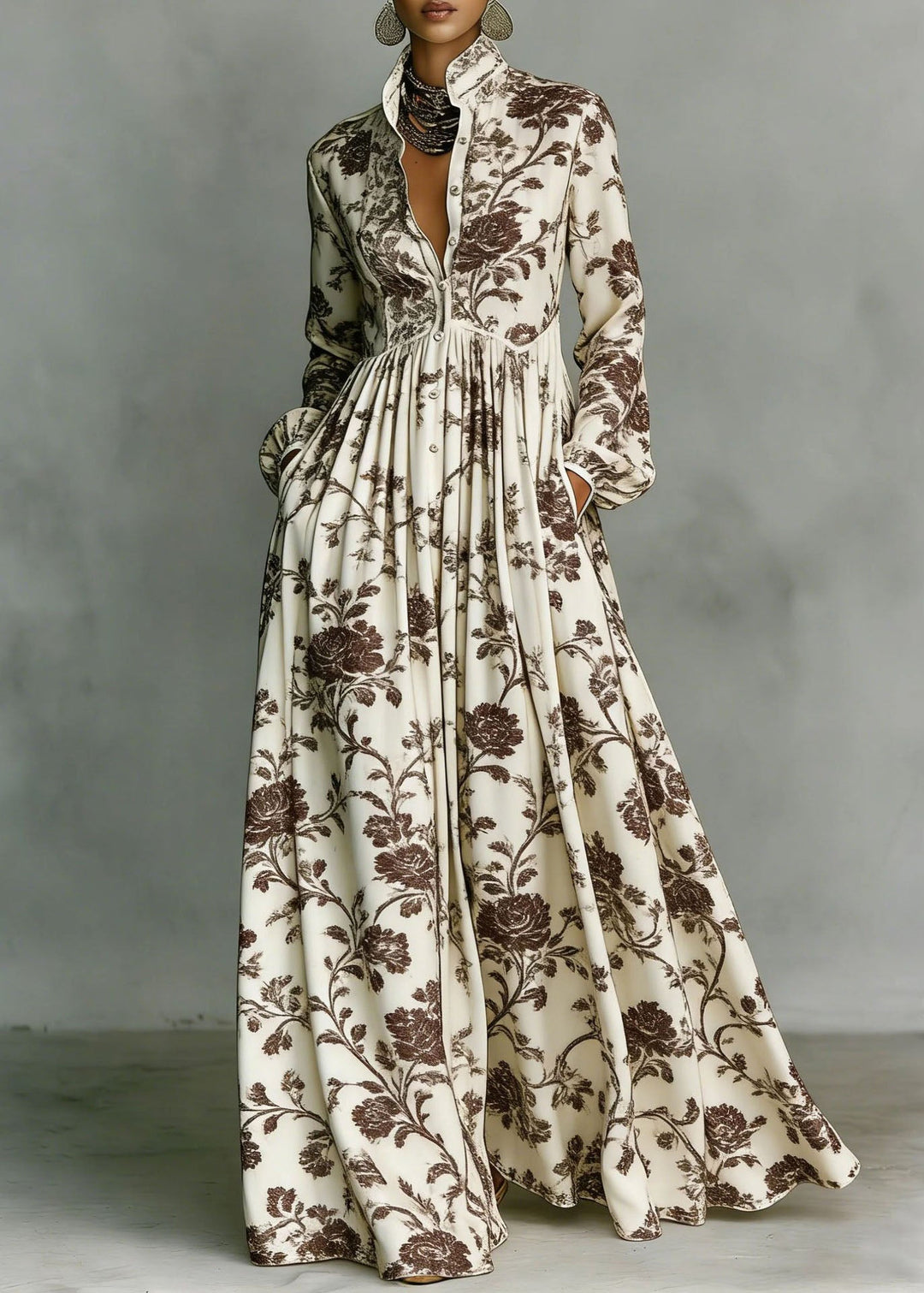 Bohemian Navy Print Pockets Cotton Long Dress Fall