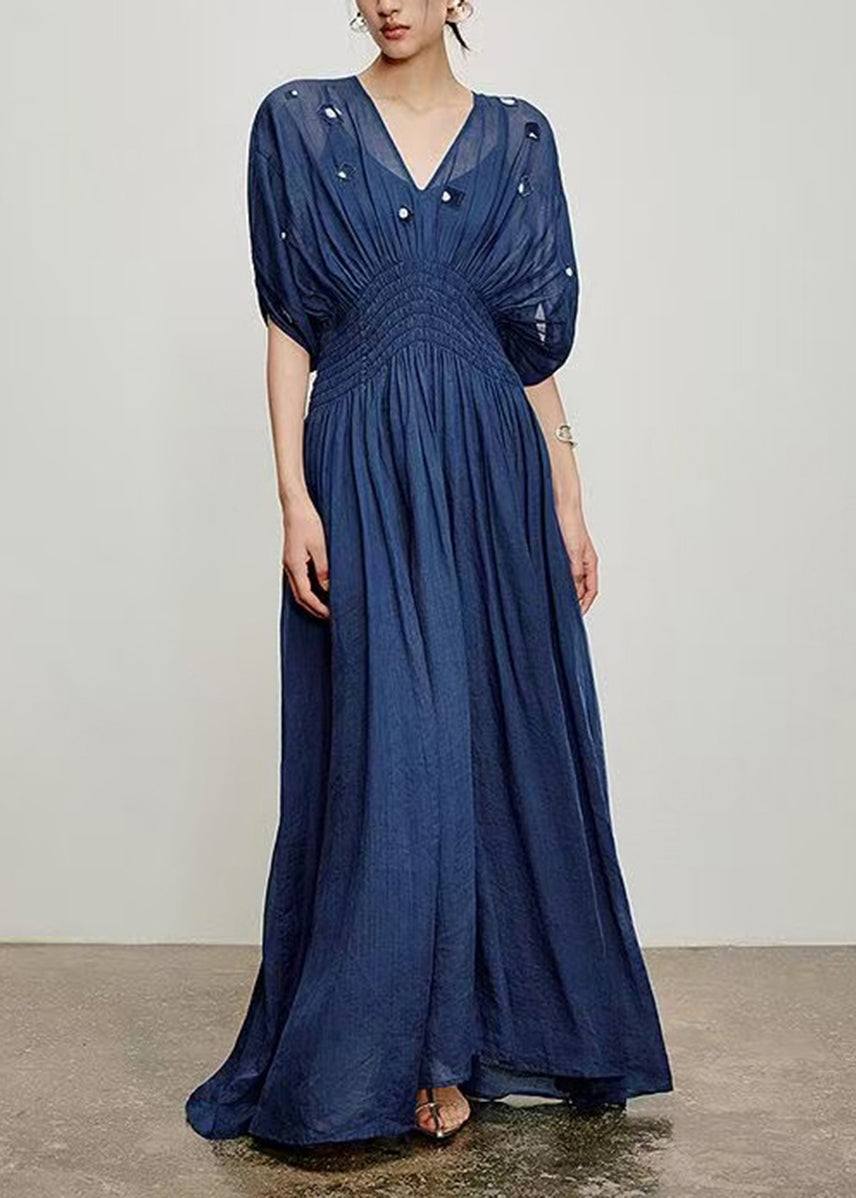 Bohemian Navy V Neck Elastic Waist Linen Maxi Dresses Spring