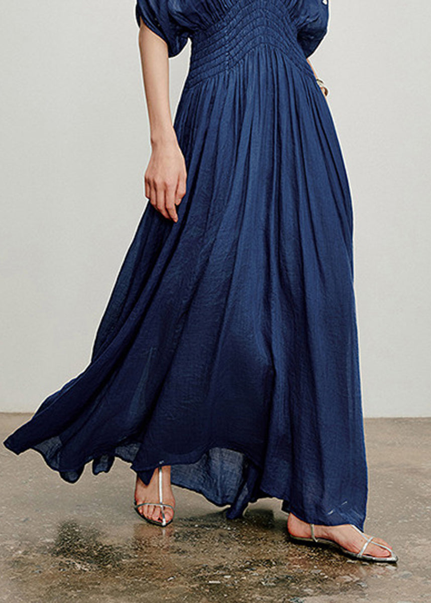 Bohemian Navy V Neck Elastic Waist Linen Maxi Dresses Spring