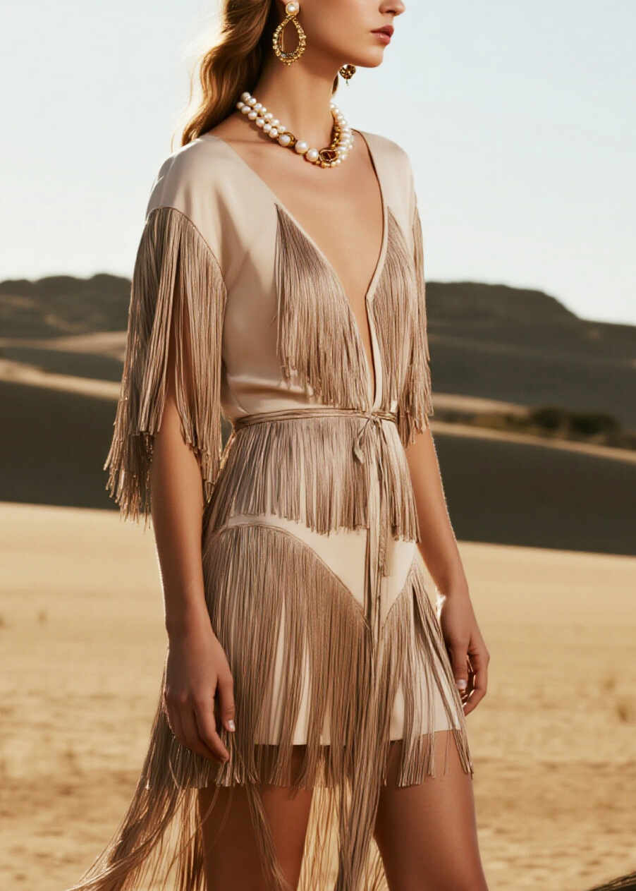Bohemian Nude Tasseled Low High Design Day Dress Summer