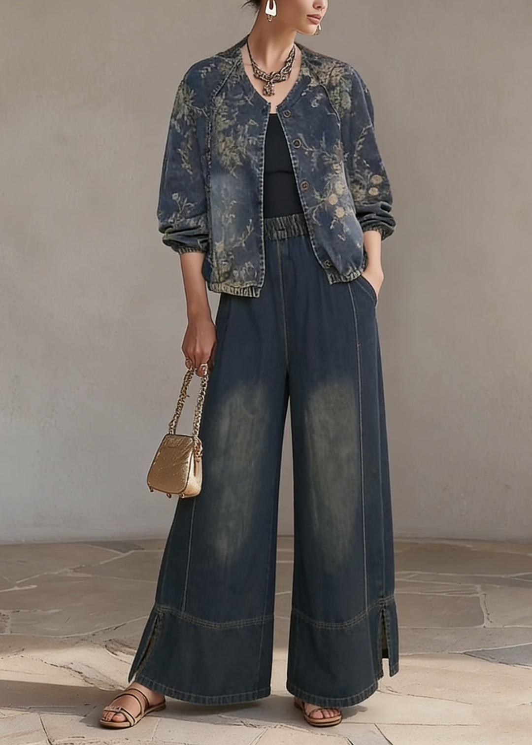 Bohemian O Neck Print Denim Two Piece Set Outfits Spring