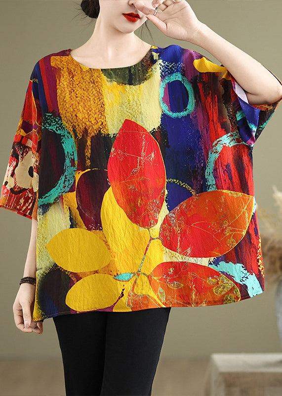 Bohemian O Neck Print Loose Cotton T Shirt Tops Summer