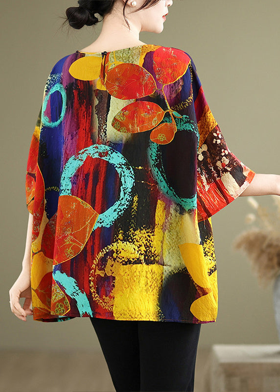 Bohemian O Neck Print Loose Cotton T Shirt Tops Summer