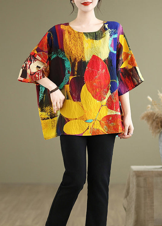 Bohemian O Neck Print Loose Cotton T Shirt Tops Summer