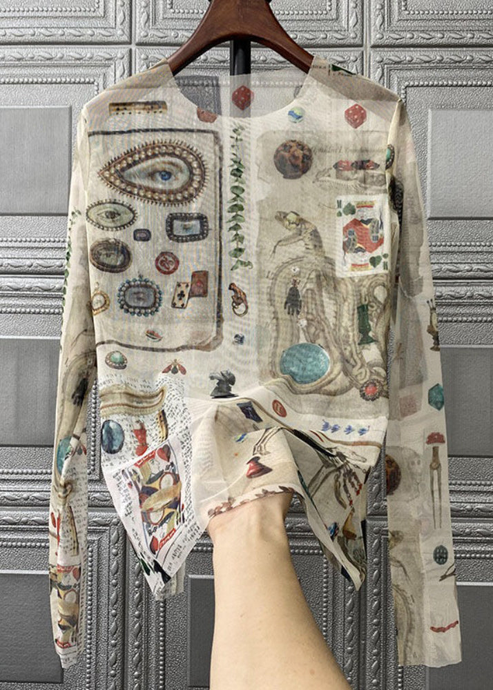 Bohemian O-Neck Print Tulle T Shirts Fall