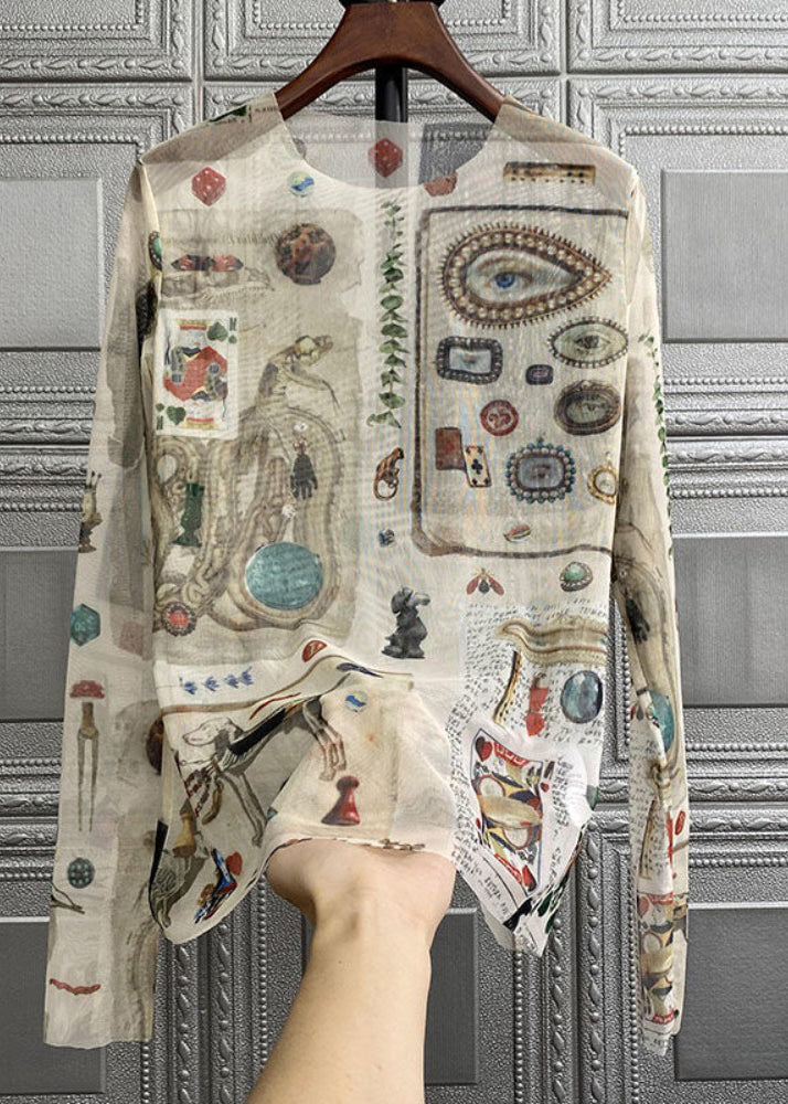 Bohemian O-Neck Print Tulle T Shirts Fall