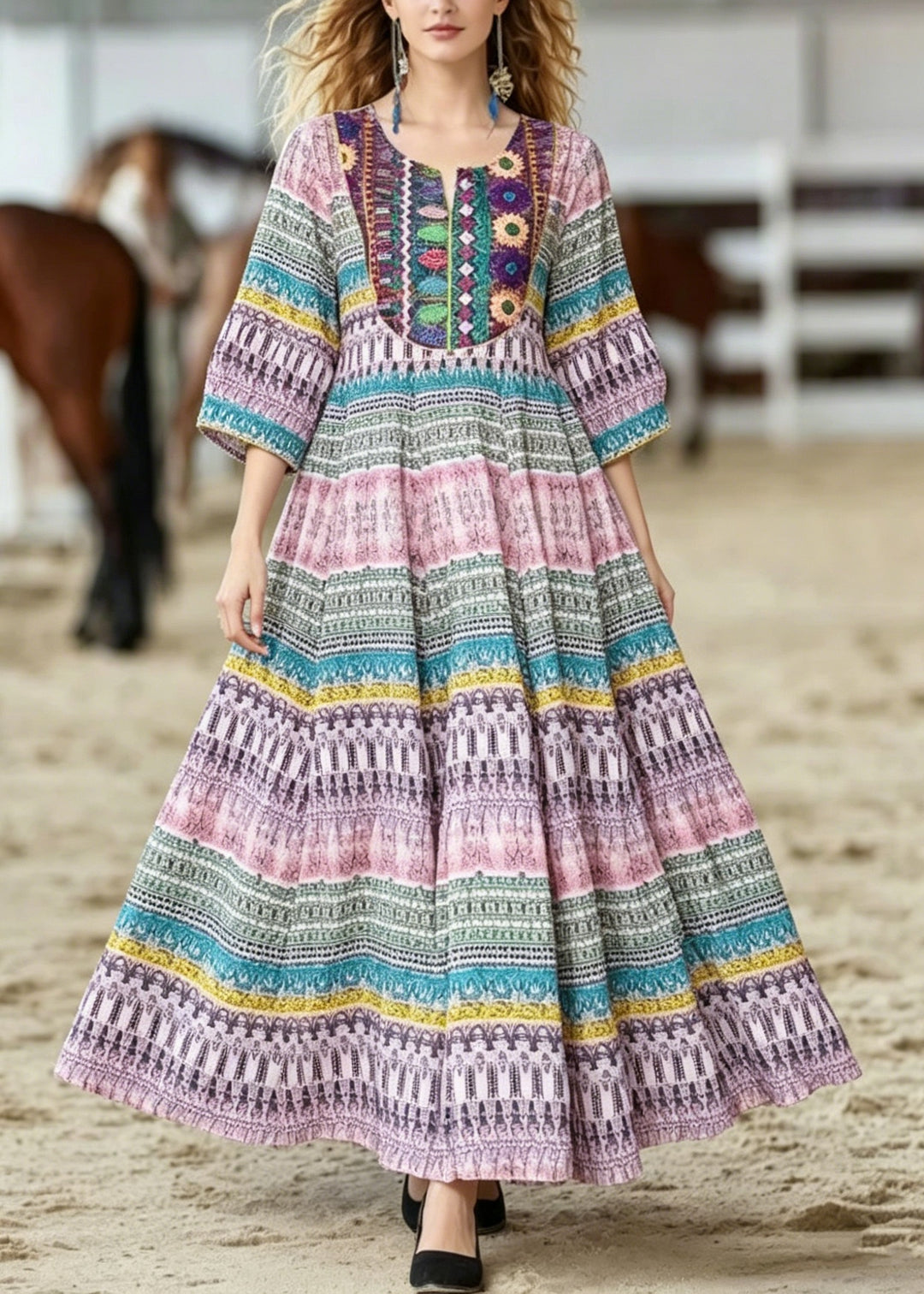 Bohemian O Neck Print Wrinkled Cotton Dresses Summer