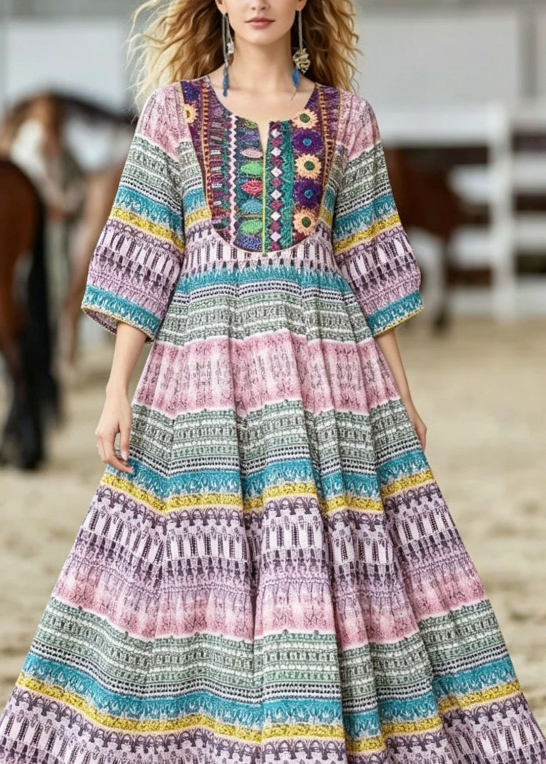 Bohemian O Neck Print Wrinkled Cotton Dresses Summer