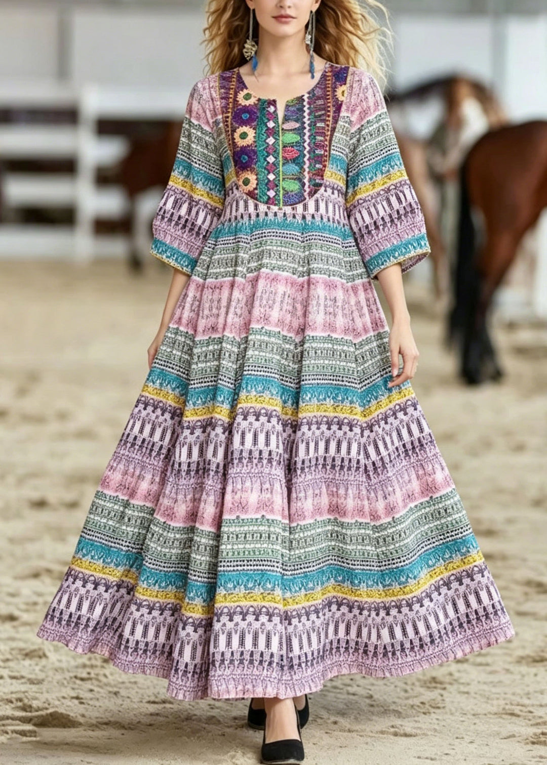 Bohemian O Neck Print Wrinkled Cotton Dresses Summer